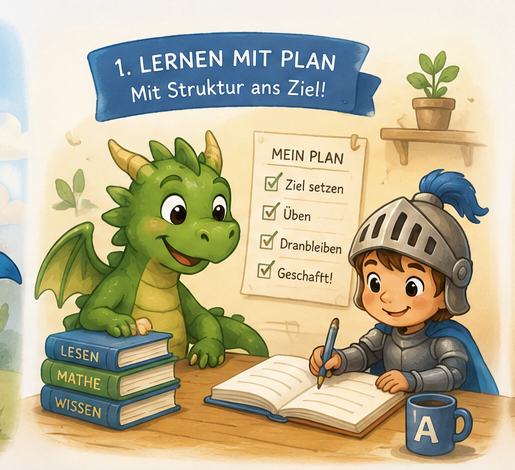 Lernen mit Plan: Drache und Ritter haken ihre Lern-Ziele ab