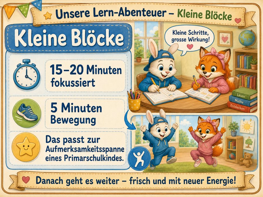 Kleine Blöcke: 15 bis 20 Minuten fokussiert lernen, dann 5 Minuten Bewegung