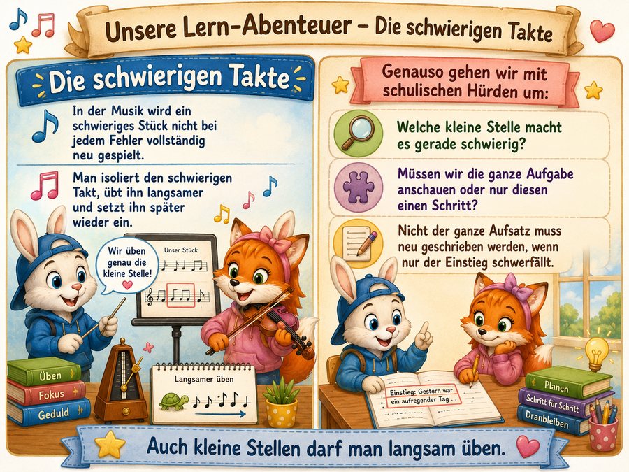 Die schwierigen Takte: gezielt nur die schwierige Stelle langsam üben
