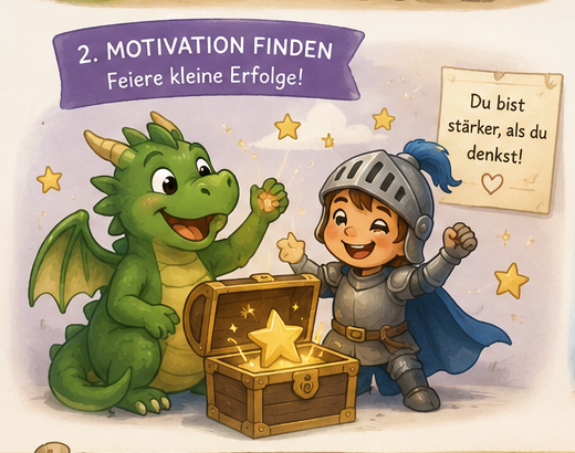 Motivation finden: Drache und Ritter feiern einen goldenen Stern