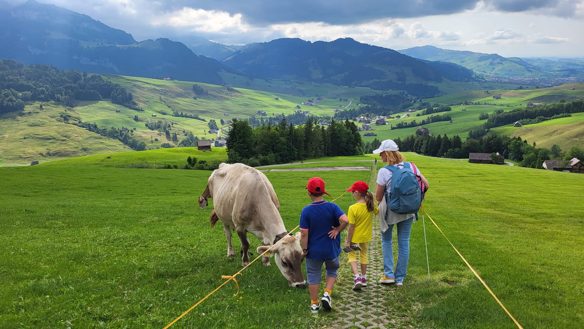 Alina mit Kindern auf einer Alpwiese in den Schweizer Bergen