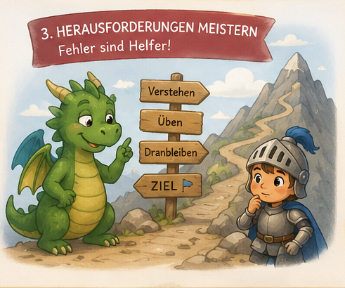 Wegweiser zeigen Verstehen, Üben, Dranbleiben, Ziel