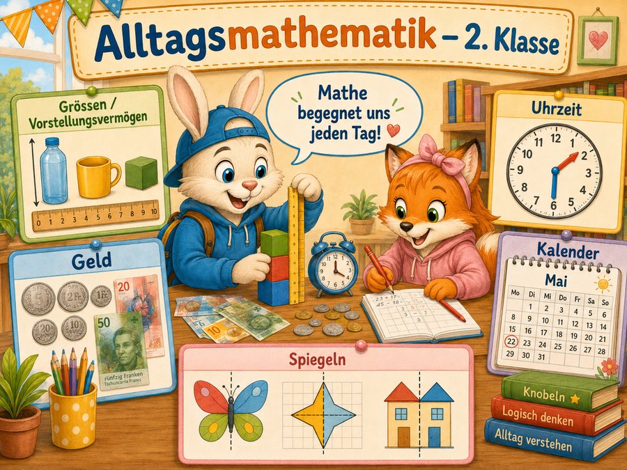 Alltagsmathematik in der 2. Klasse: Grössen, Geld in Franken, Uhrzeit, Kalender und Spiegeln
