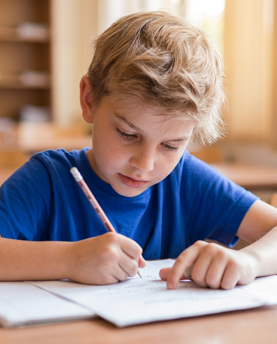 Lerncoach begleitet zwei Kinder beim Lesen am Tisch